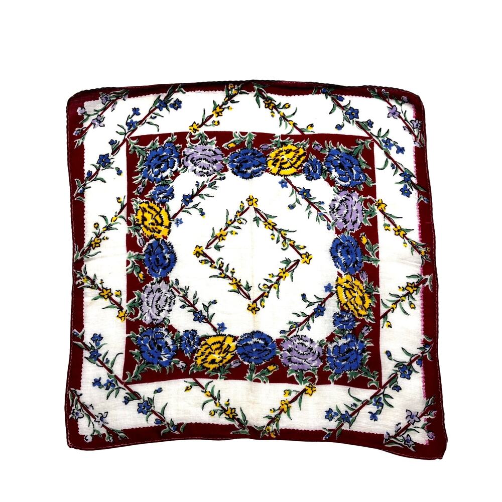 Vintage 1940s Cotton Handkerchief Red Navy Blue Floral Geometric Border Hanky